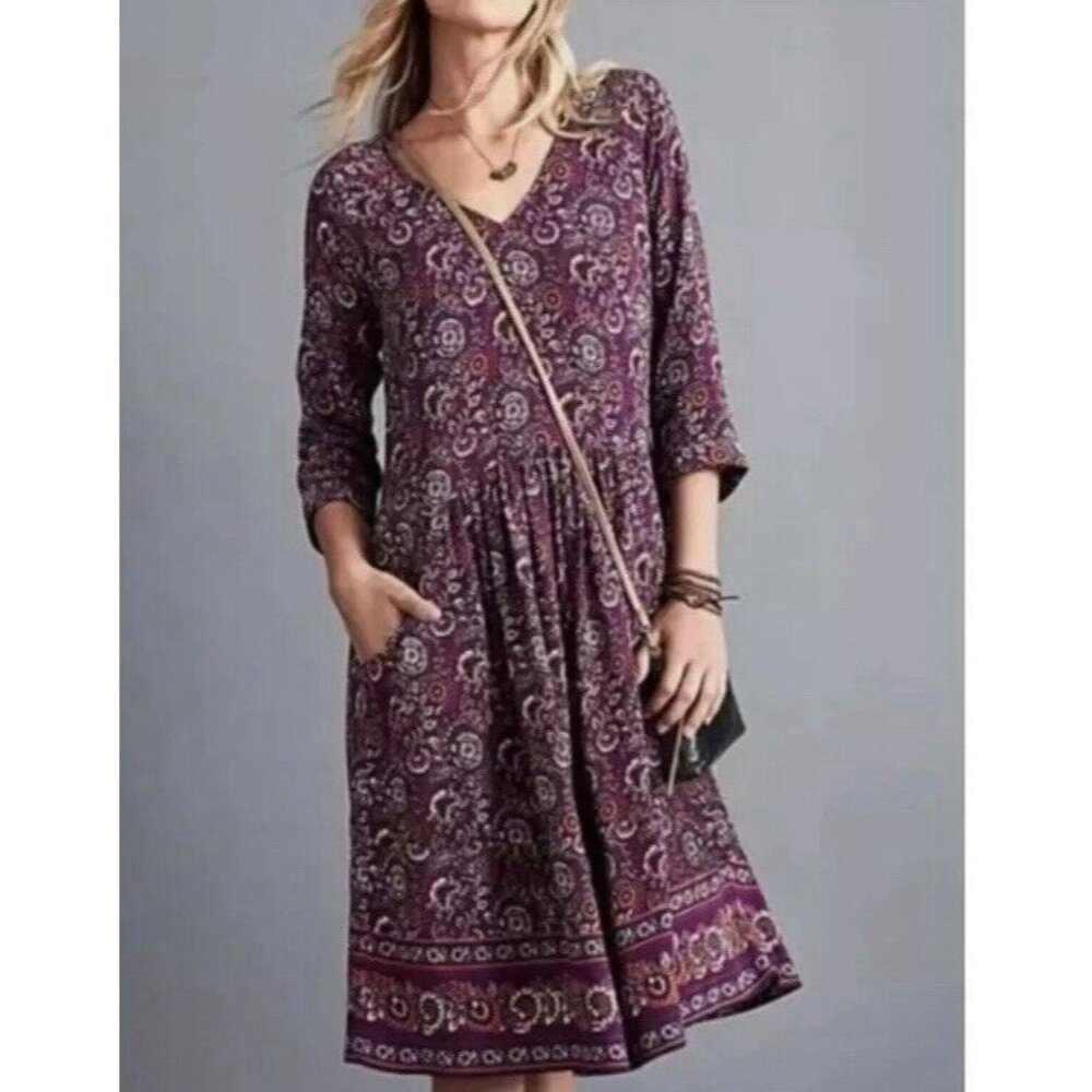 Garnet Hill Purple Floral Paisley Tunic Dress 10 Viscose Boho Cottagecore 9670